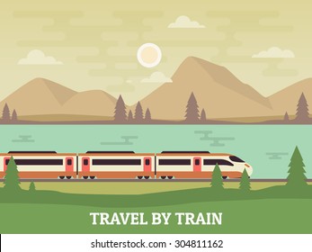 Tren en el ferrocarril contra el fondo del panorama de las montañas, río y bosque. Ilustración de diseño plano del vector