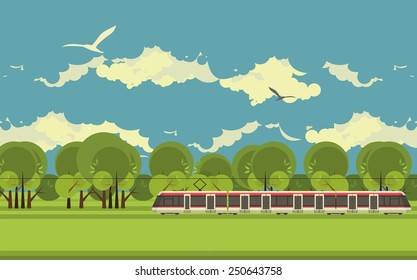 train on the railroad passes through the countryside in a flat style for info graphics