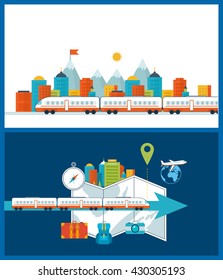 Train on railway. Train on the background of the city. Traveling on airplane, planning a summer vacation and tourism. Passenger transport concept. Urban landscape. Color line icons