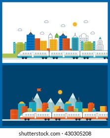 Train on railway. Train on the background of the city. Cityscape background. Urban landscape. Color line icons
