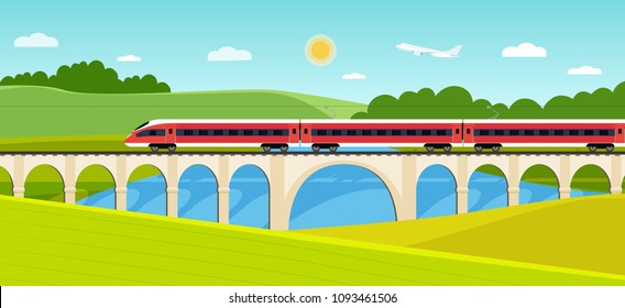 Train On Railway And Bridge With Forest And River. Vector Flat Style Illustration