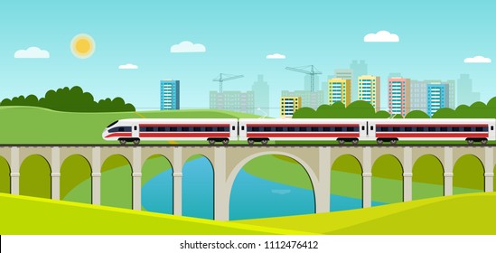 Train on railway and bridge with forest and river. Cityscape panoramic. Vector flat style illustration