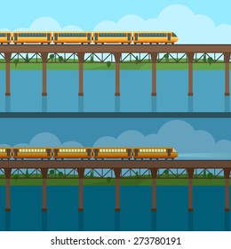 Train on railway and bridge. Forest and lake on background. Day and night view. Flat style vector illustration.