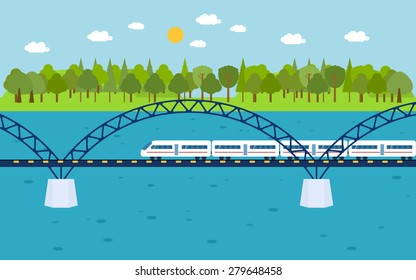 Train on railway bridge. Forest and lake on background. Flat style vector illustration.