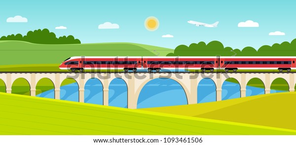 鉄道に乗り 森と川に橋を架ける ベクターフラットスタイルのイラスト のベクター画像素材 ロイヤリティフリー