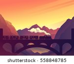 Train on railway bridge with outdoor landscape in orange and yellow sunset, dawn sun. Vector travel concept background. Train outdoor, transportation, travel. Vector illustration
