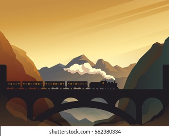 Train on railway bridge with outdoor landscape in orange and yellow sunset, dawn sun. Vector travel concept background. Train outdoor, transportation, travel. Vector illustration.