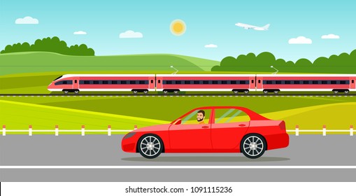 Train on railway and car with forest and city. Vector flat style illustration