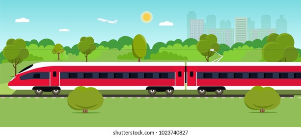 Train on railway with forest and city. Vector flat style illustration