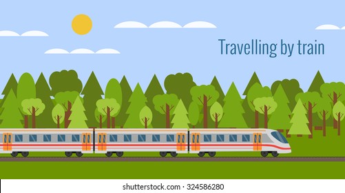 Train on railway with forest landscape  in flat style.