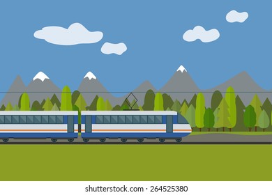 Train on railway with forest and mountains background. Flat style vector illustration.