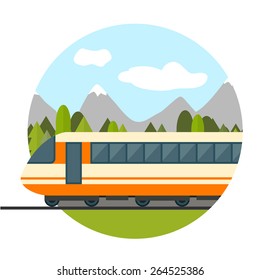 Train on railway with forest and mountains background. Flat style vector illustration.