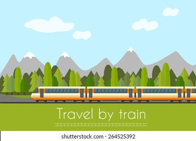 Train on railway with forest and mountains background. Flat style vector illustration.