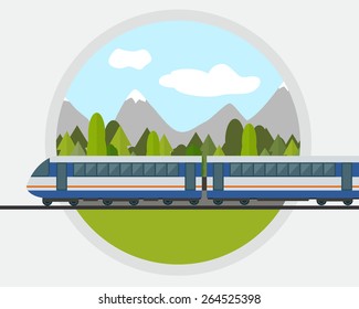 Train on railway with forest and mountains background. Flat style vector illustration.