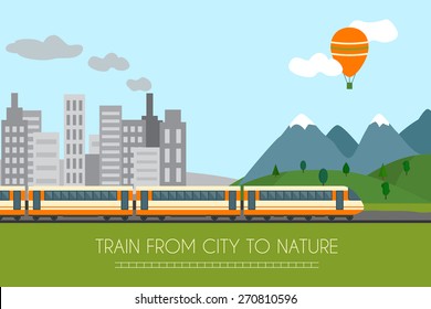 Train on railway with forest and mountains background. Flat style vector illustration.