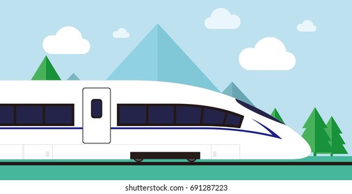 Train on railway with forest and mountains background. Flat style vector illustration.