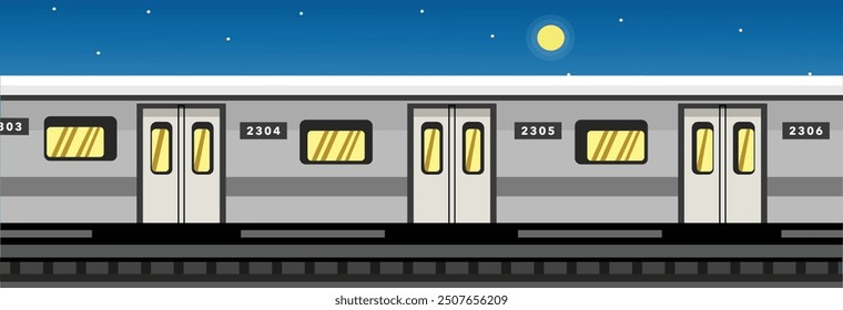 Tren en el ferrocarril por la noche. Transporte público por la noche. Transporte nocturno. Arte vectorial de tranvía. Metro en ferrocarril. Tren inteligente. Tren panorámico.