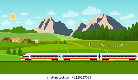 Tren en tren. Paisaje de verano con pueblo y rebaño de vacas en el campo. Ilustración de estilo plano vectorial.