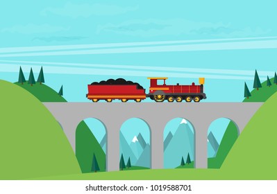 Train on railway. Vector travel concept background.