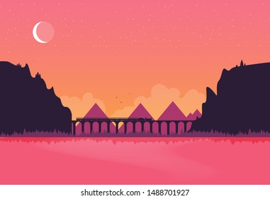 Train on railway. Vector travel concept background.