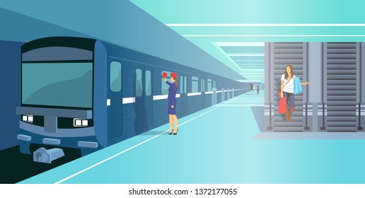 Train On Subway Station. Vector Illustration. Passengers And Train Conductor