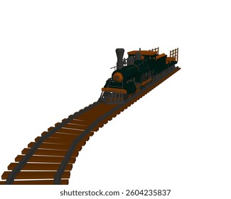 A train is on a track and it is moving. The train is old and has a lot of rust on it
