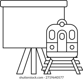 Un tren está en una pista al lado de una pantalla de proyector. El tren es blanco y negro