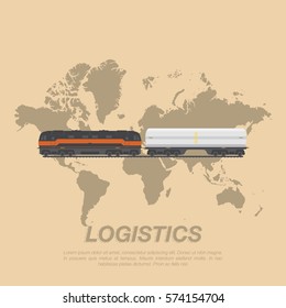 Train on the tracks with a tank of liquid cargo for transport on the background of the world map. Logistic concept flat vector illustration for business.
