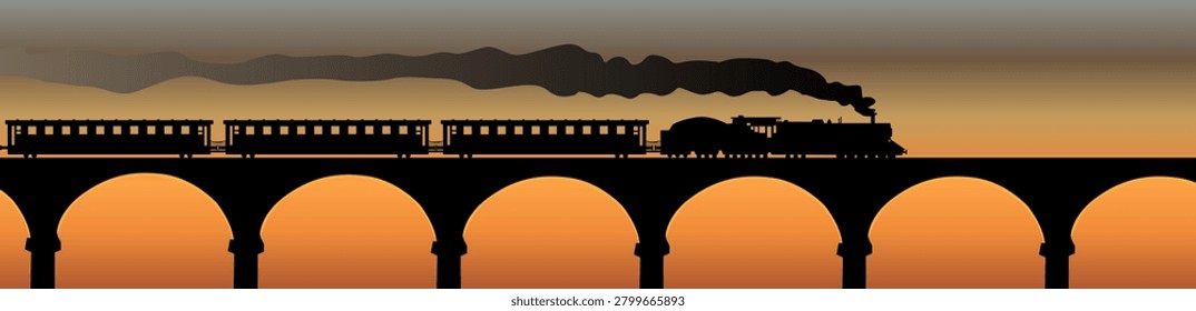 A train on a viaduct set against the orange hues of a sunset. A retro-style vector illustration (silhouette) designed as a decorative horizontal panel.