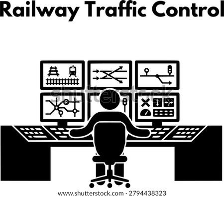 Train operator managing railway traffic and track switching on multiple dashboard screens in a control room vector icon