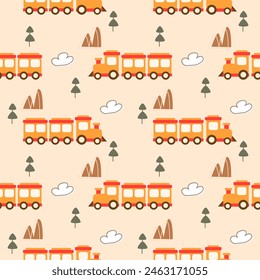 Train orange yellow cartoon so cute. On tree mountain cloud background. Pattern seamless vector illustration. 