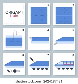 Train origami scheme tutorial moving model. Origami for kids. Step by step how to make a cute paper transport. Vector illustration.