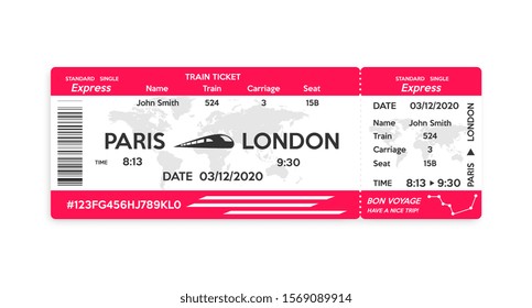 Train pass ticket isolated on white background. Concept of travel, journey or business trip. Vector illustration.