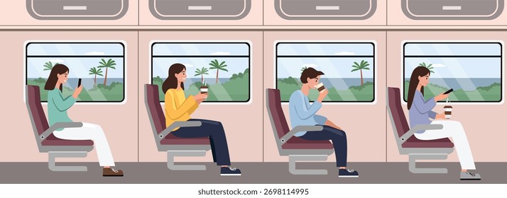 Pasajeros de tren disfrutando de la vista.  Vista a la playa en el tren. Festiva en el tren. Vacaciones de verano. Tren de pasajeros de negocios.