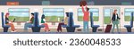 Train passengers people. Long distance public intercity transport, comfortable journey, luggage space, padded seats. Indoor cabin. Cartoon flat isolated illustration, nowaday vector concept