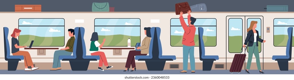 Train passengers people. Long distance public intercity transport, comfortable journey, luggage space, padded seats. Indoor cabin. Cartoon flat isolated illustration, nowaday vector concept