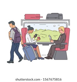 Train passengers sitting next to window - businessman reading newspaper and business woman drinking coffee. Railroad work commute travel - flat isolated vector illustration