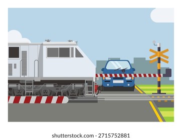 Comboio que atravessa a linha de caminho de ferro de via dupla Simples ilustração plana.