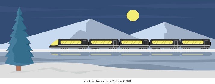 Train passing through the snow at night. High speed subway in the winter season. Winter tram rides. snowy mountain train. Train through snowy mountain.