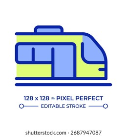 Train pixel perfect line color icon. Commuter railroad vehicle. Traveling by railway transport. Locomotive riding. Isolated vector illustration. Flat colorful symbol design. Editable stroke