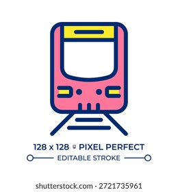 Icono de color de línea perfecta de píxeles de tren. Vehículo público circulando por ferrocarril. Transporte de pasajeros y carga. Ilustración vectorial aislada. Diseño de símbolo colorido plano. Trazo editable