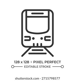 Train pixel perfect line icon. Public vehicle driving along railway. Passengers and cargo transportation. Isolated vector illustration. Outline symbol. Simple linear drawing. Editable stroke