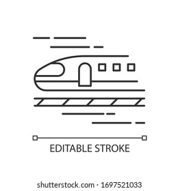 Train Pixel Perfect Linear Icon. High Speed Shinkansen. Japanese Bullet Train. Rapid Transit. Thin Line Customizable Illustration. Contour Symbol. Vector Isolated Outline Drawing. Editable Stroke