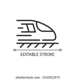 Train pixel perfect linear icon. Rail road. Passenger and cargo transportation. Public transport. Thin line illustration. Contour symbol. Vector outline drawing. Editable stroke. Arial font used