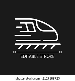 Train pixel perfect white linear icon for dark theme. Rail road. Passenger and cargo transportation. Thin line illustration. Isolated symbol for night mode. Editable stroke. Arial font used