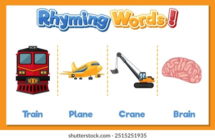 Train, plane, crane, and brain rhyming words