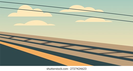 Train platform edge silhouette illustration. Tactile strip running along the foreground. Parallel railway tracks fading into distance. Overhead power lines under a pastel sky.