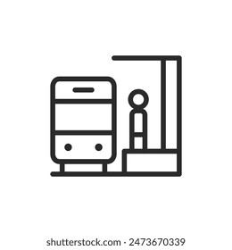 Train at platform, linear style icon. train at a station platform. Editable stroke width.