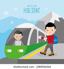 Train Public Railway Mountain Travel Holiday Winter Boy Traveller Cartoon Character Vector 
