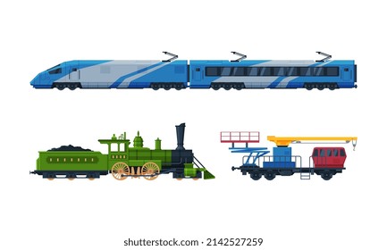 Train as Rail Freight and Passenger Transport Service Vector Set